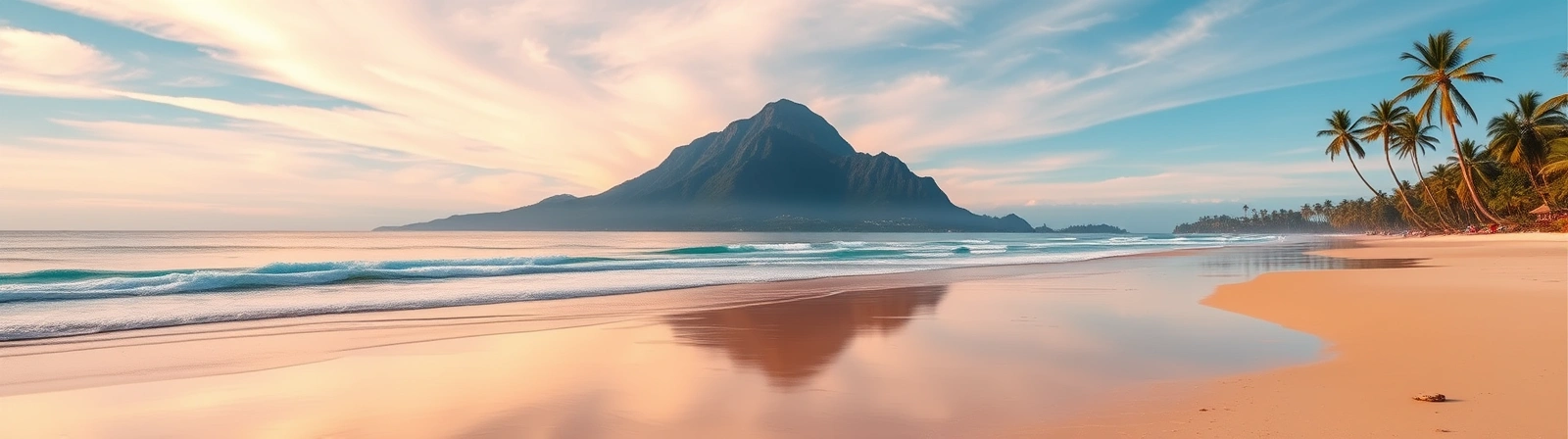 Beautiful beach with a mountain in the background and palm trees