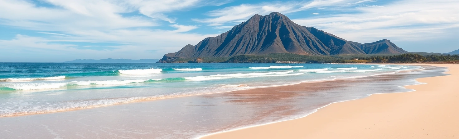 Pristine beach with turquoise water and a large mountain