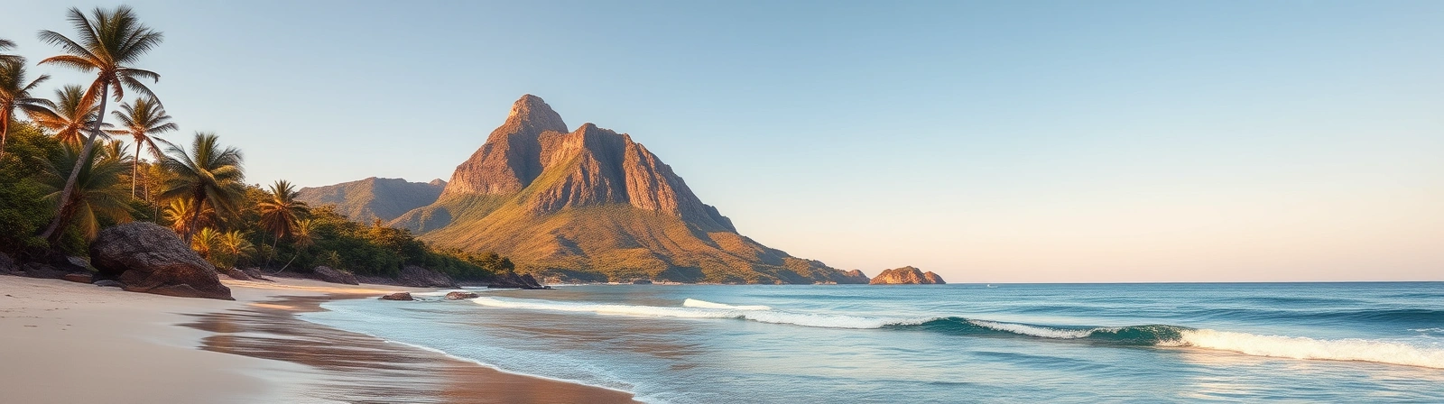 Tropical beach with palm trees and a mountain at sunset