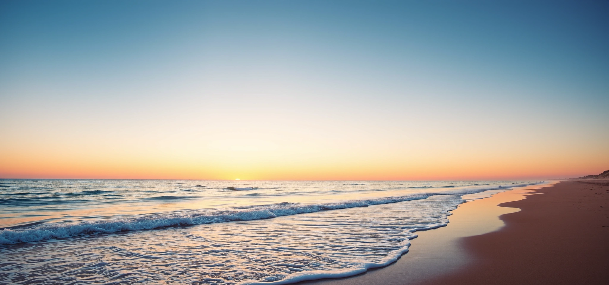 Wide view of beach at sunset with golden light reflecting on sand and water