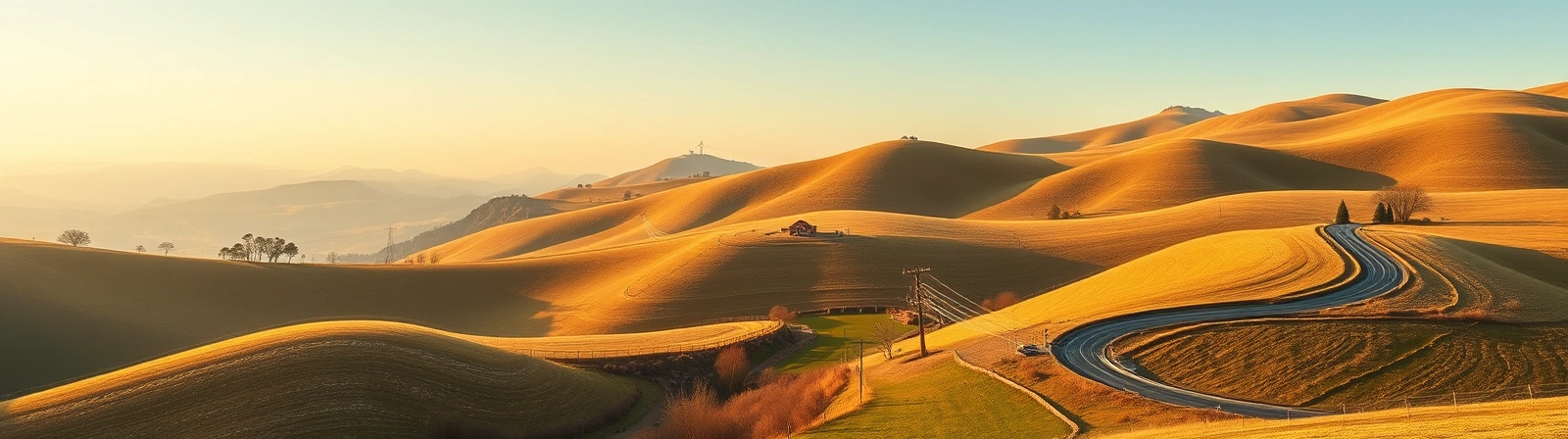 Peaceful rural landscape with rolling golden hills and winding road at sunset