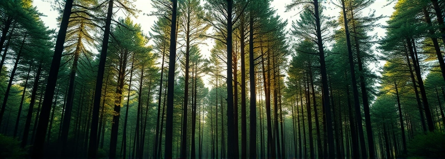 Serene forest with sunlight filtering through tall pine trees creating beautiful light and shadow patterns