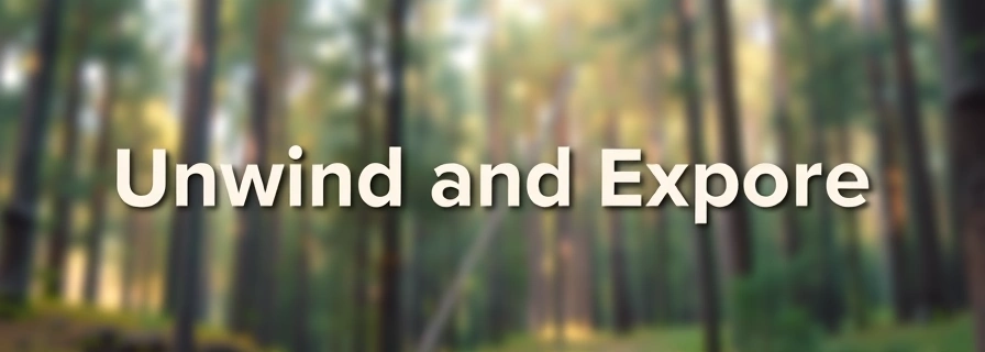 Serene forest cover photo with blurred trees and Unwind and Explore text